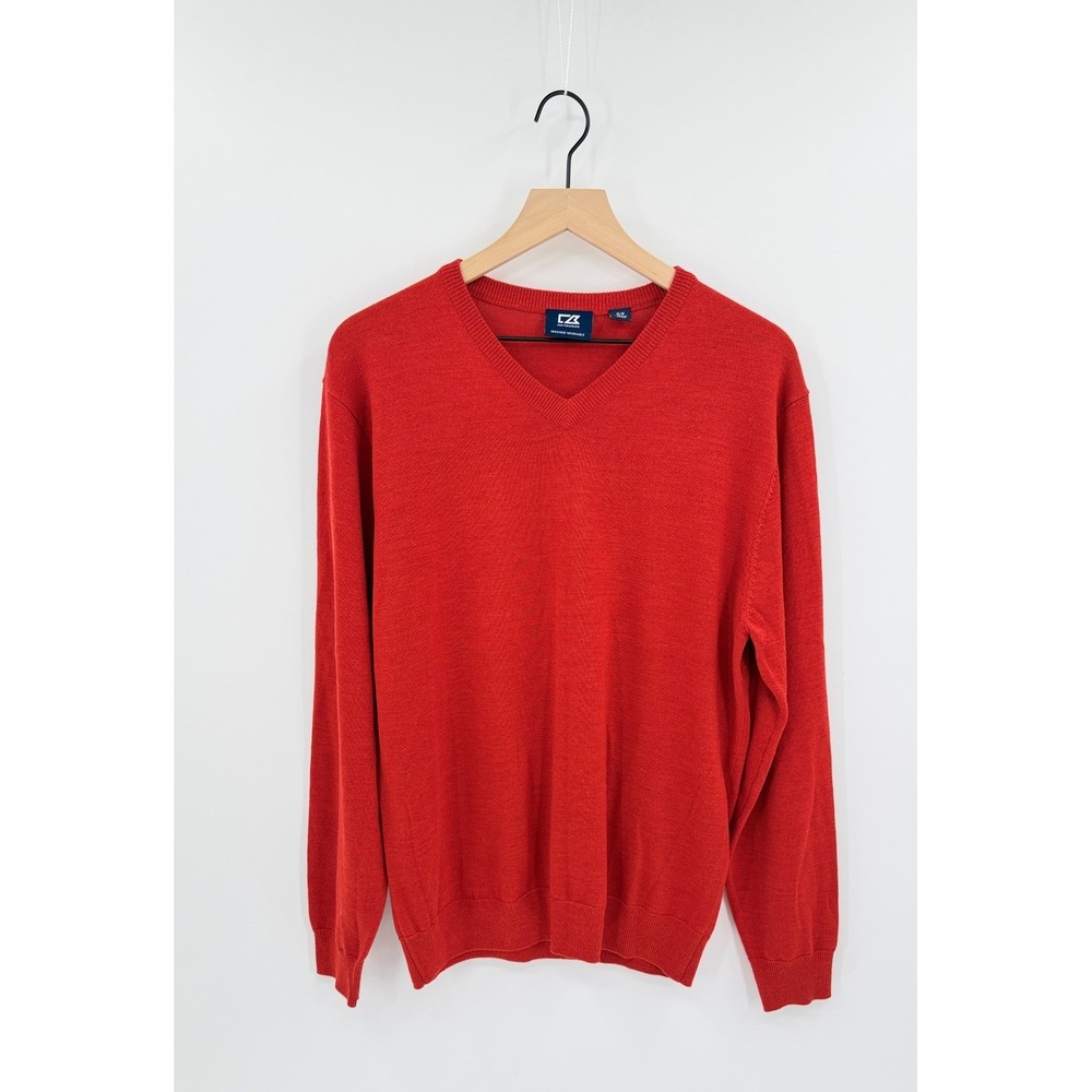 Cutter & Buck Mens Sz M V-Neck Merino Wool Blend Sweater Red Preppy Office Wear